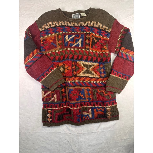 Sigrid Olsen Sweaters - Sigrid Olsen Hand Knit Sweater Small Brown Red Geometric Tribal Vintage Women